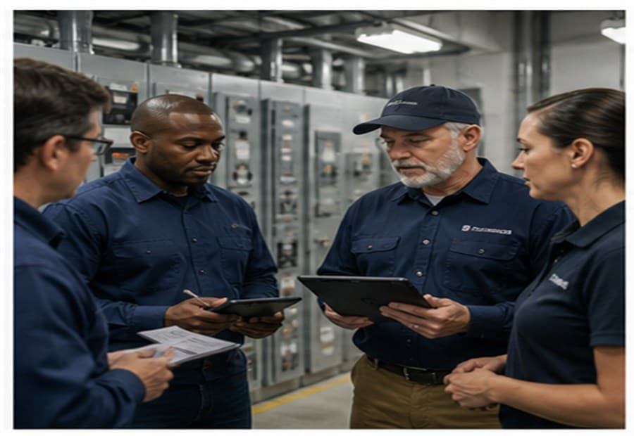 AMI field team briefing with tablets inside a utility space