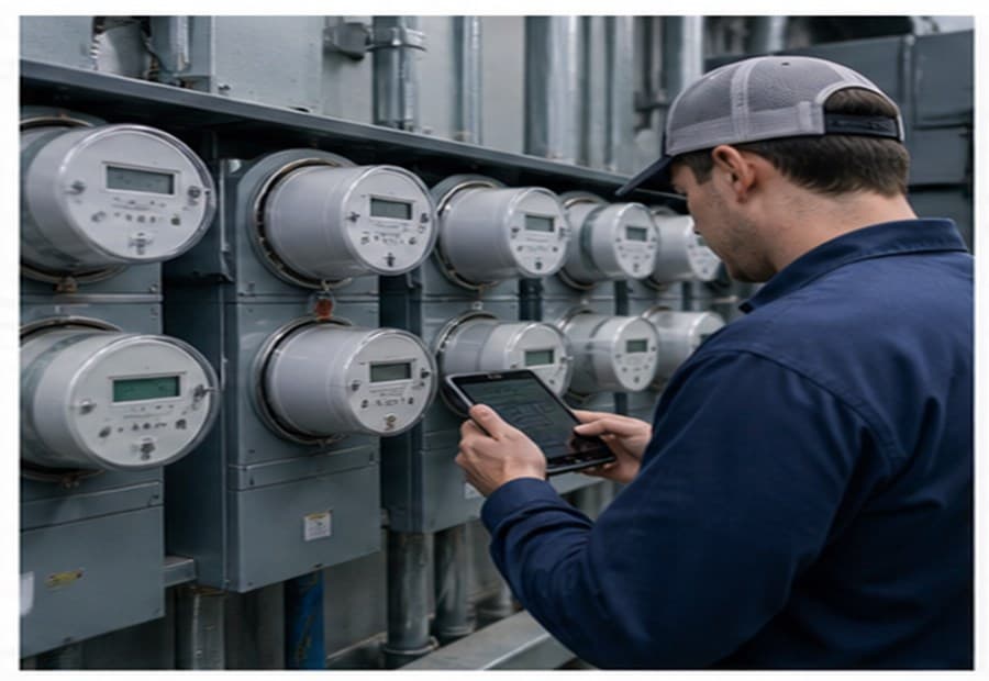 Technician verifying smart meter labels on a meter bank