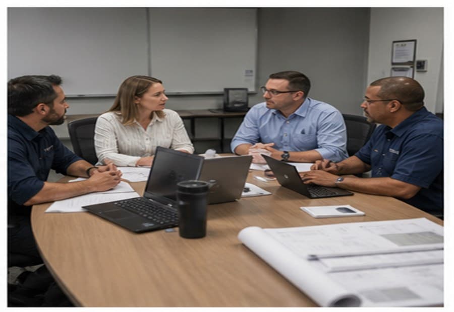AMI vendor handoff meeting around project drawings and laptops