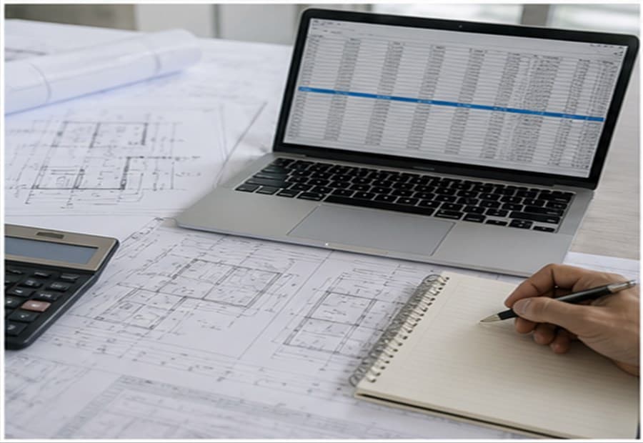 Facility drawings and account mapping spreadsheet at a workstation