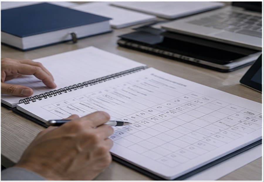 Project handoff documentation and checklist materials on a desk