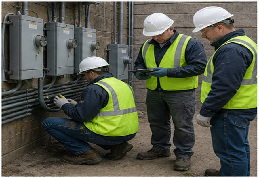 Field crew coordinating meter installation at an exterior utility wall