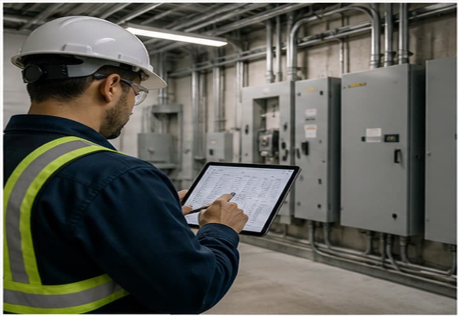 Field technician reviewing utility room conditions on a tablet