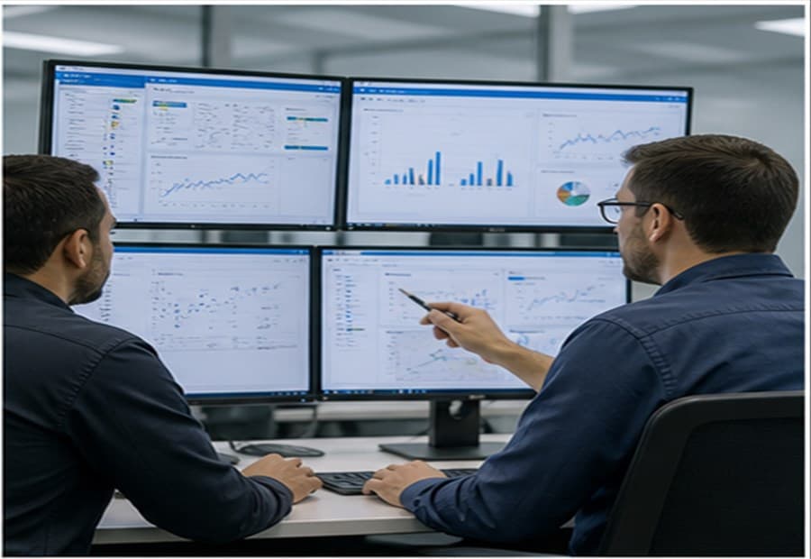 Analysts reviewing utility data dashboard screens
