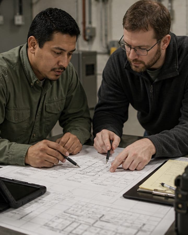 Installation planning team reviewing federal facility drawings