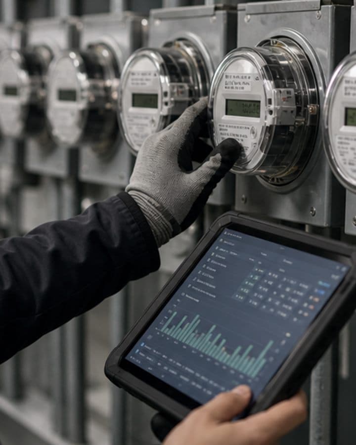 Smart meters with technician reviewing AMI readings on a tablet