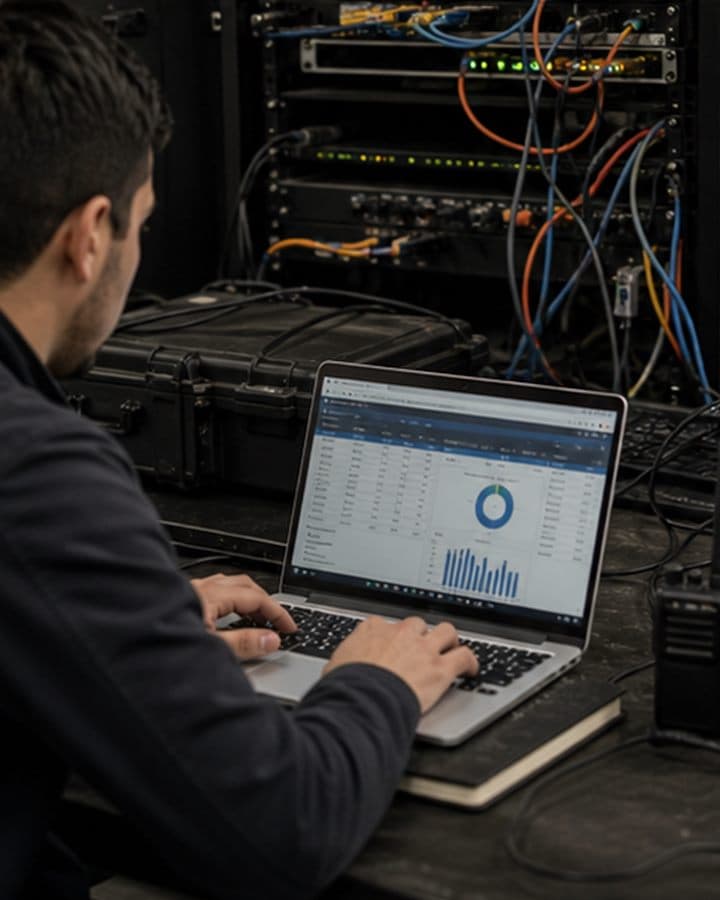 Systems analyst validating networked deployment data near server equipment