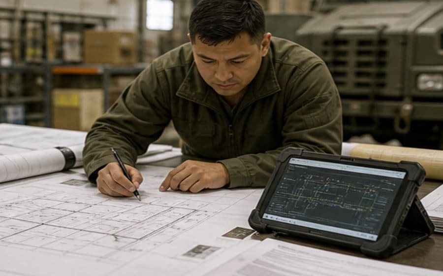 Federal facility planning work with site drawings and rugged tablet