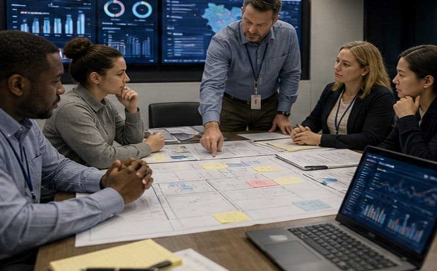 Mixed federal contractor team reviewing program schedules and dashboards