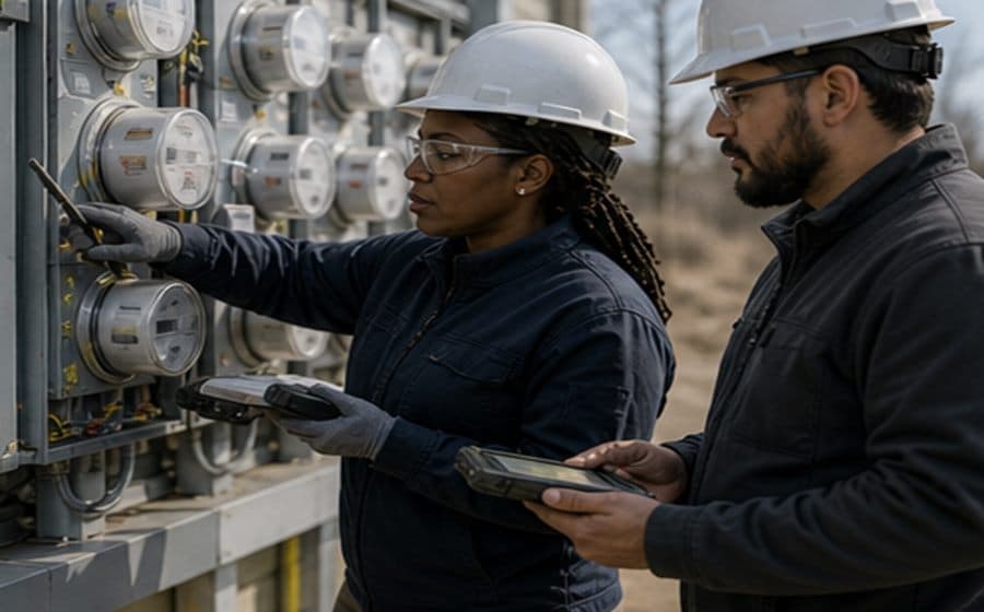 Technicians inspecting smart meters and reviewing AMI field data